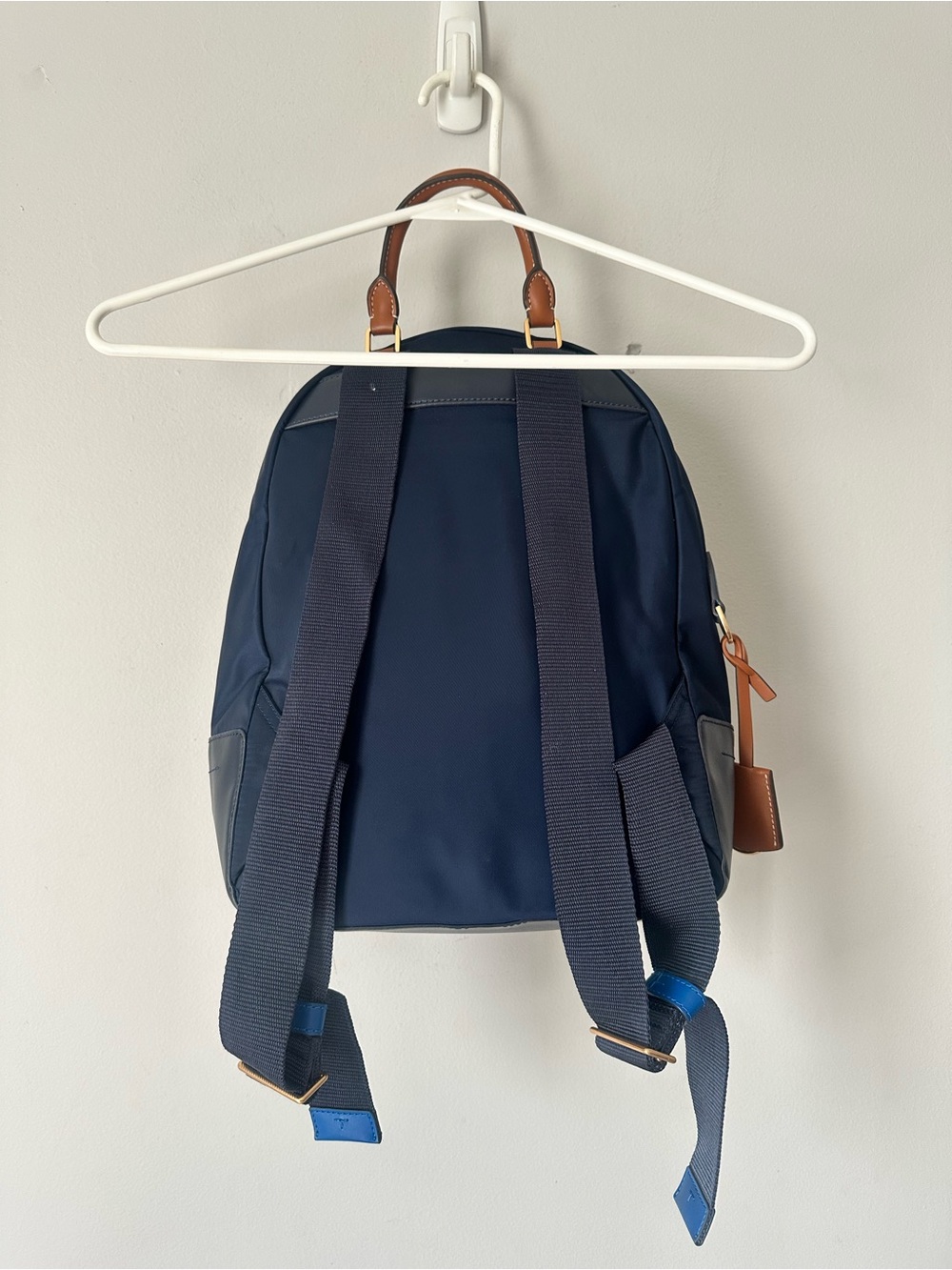 Tory Burch Navy Backpack with Bright Blue Trim and Tan Leather Handle - Picture 8 of 14